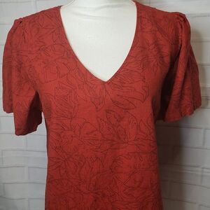Nicole Miller Original Orange Floral Shift Dress womens XL Linen Comfy V Neck